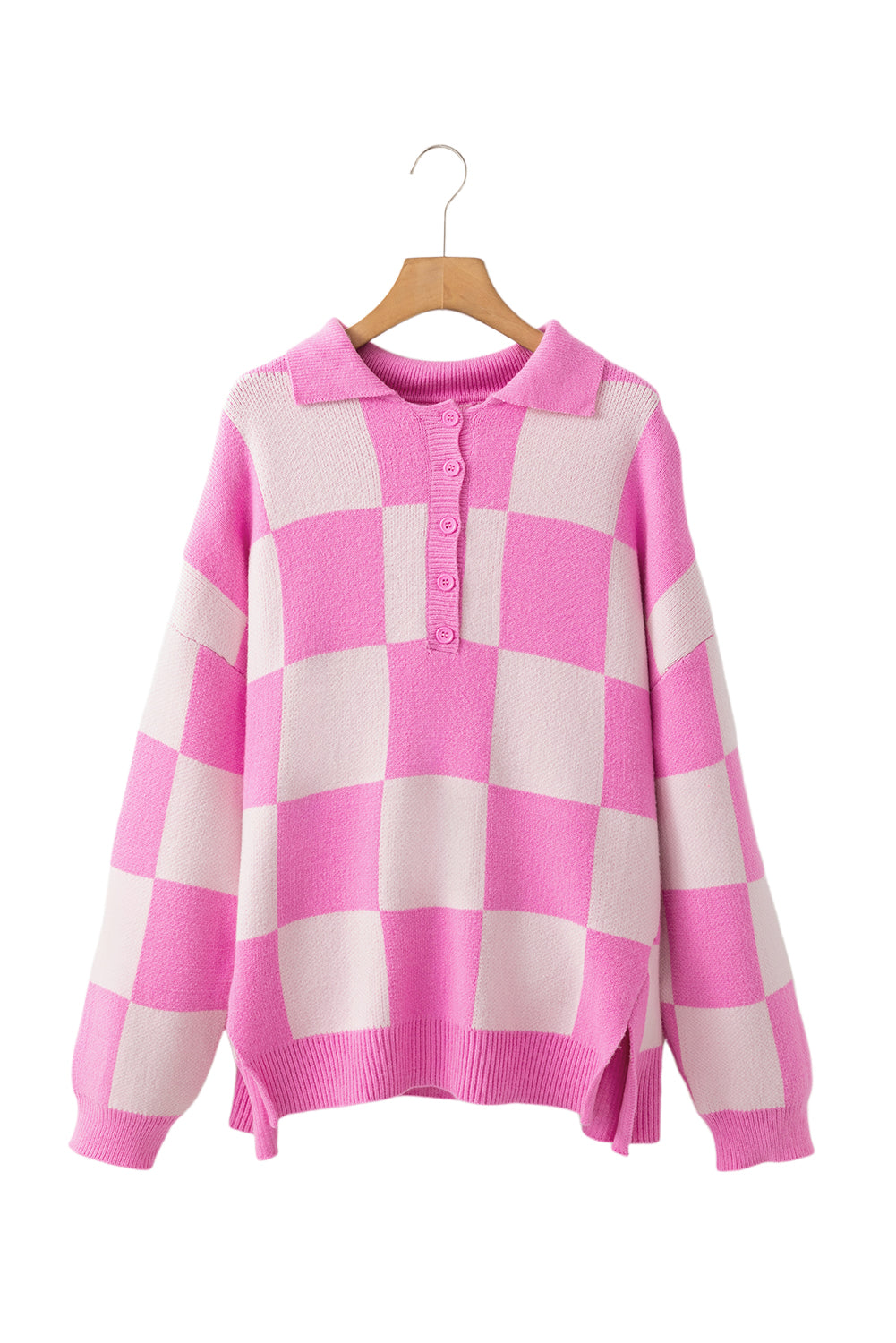 Sweaters - Checkerboard Collared Button-Up Sweater Knit Jumper