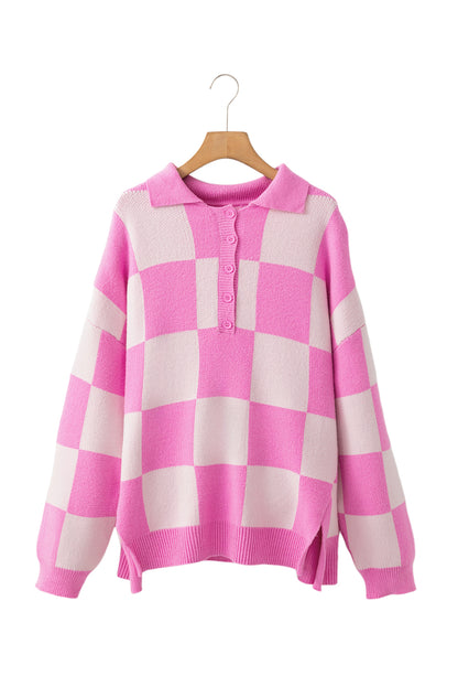 Sweaters - Checkerboard Collared Button-Up Sweater Knit Jumper