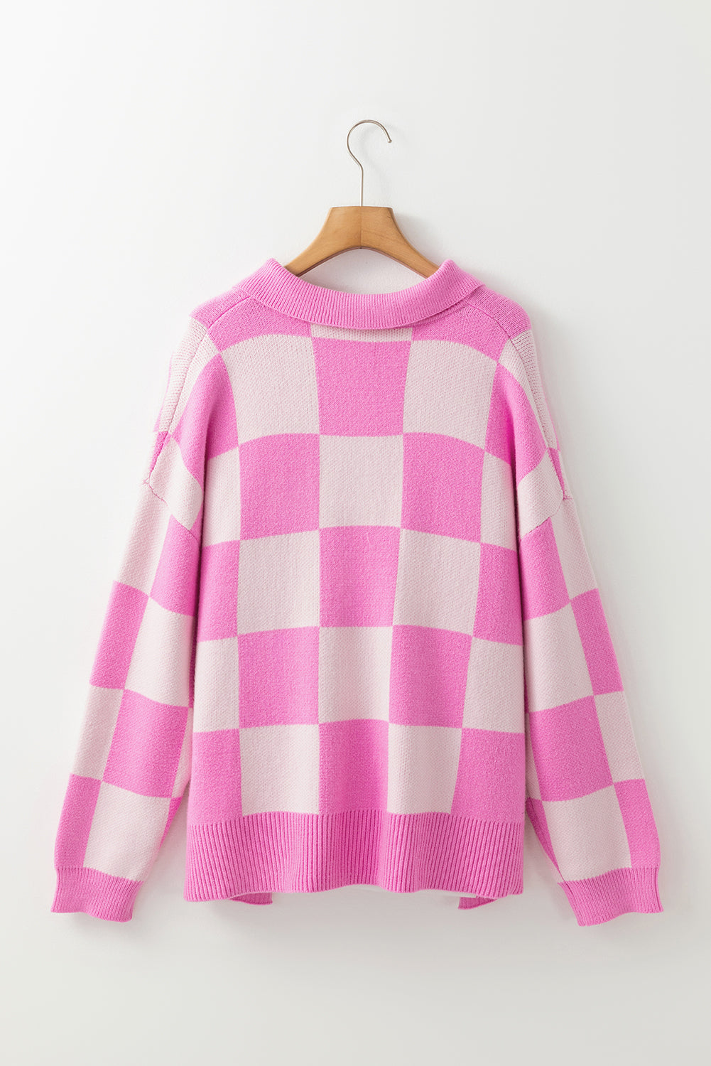 Sweaters - Checkerboard Collared Button-Up Sweater Knit Jumper