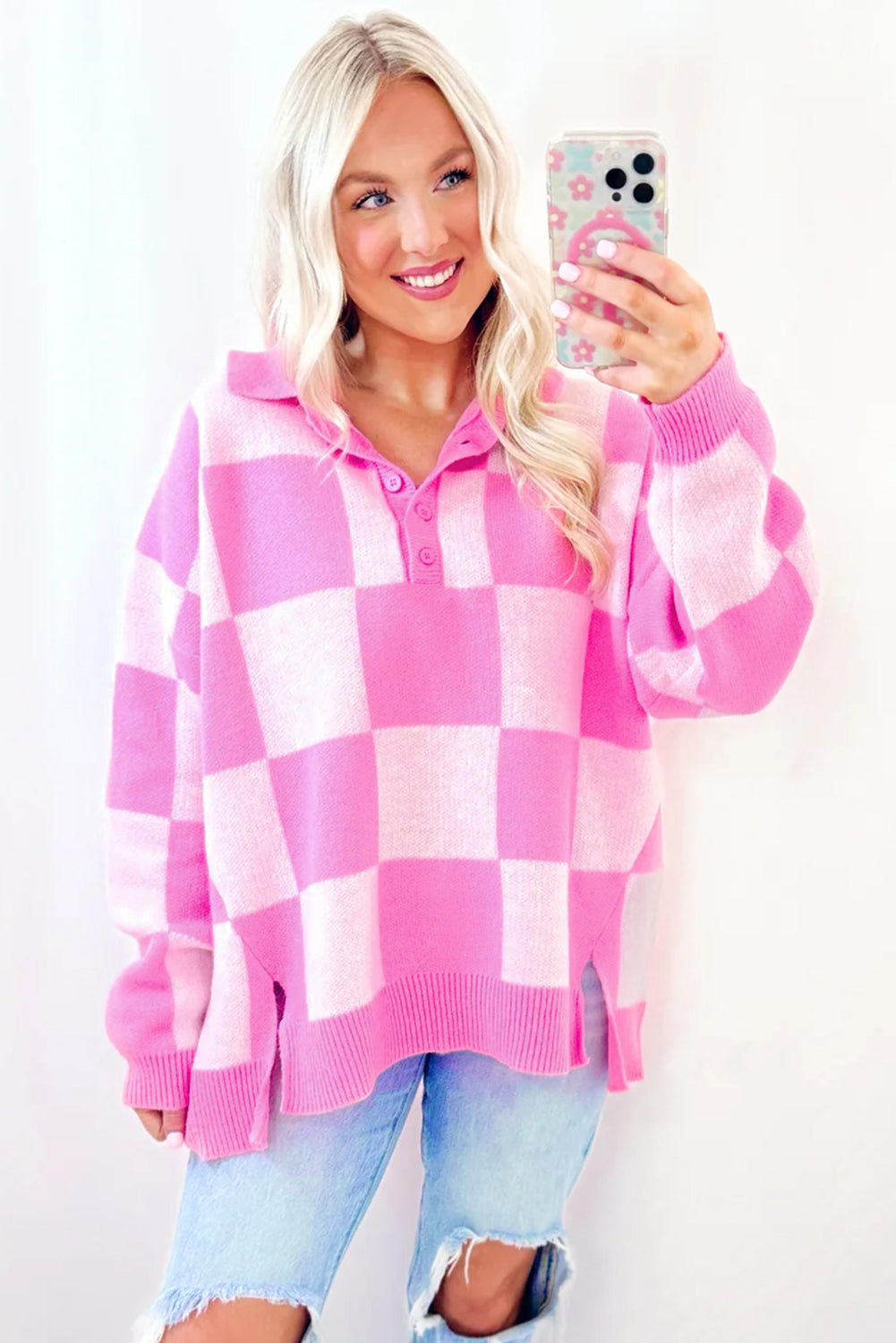 Sweaters - Checkerboard Collared Button-Up Sweater Knit Jumper