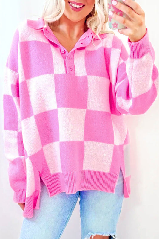 Sweaters - Checkerboard Collared Button-Up Sweater Knit Jumper