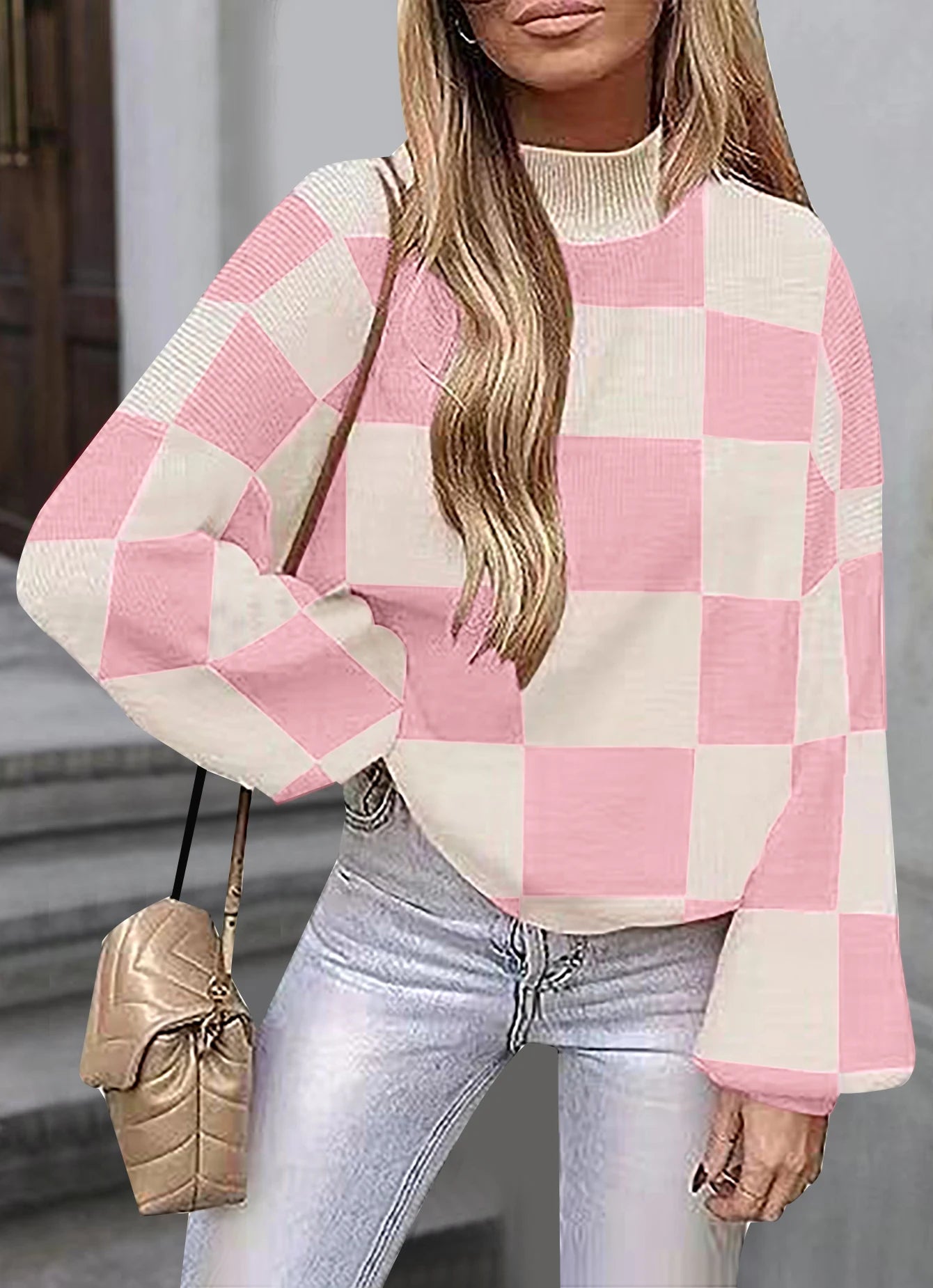 Sweaters- Checkered High Neck Sweater Pink and Cream Jumper