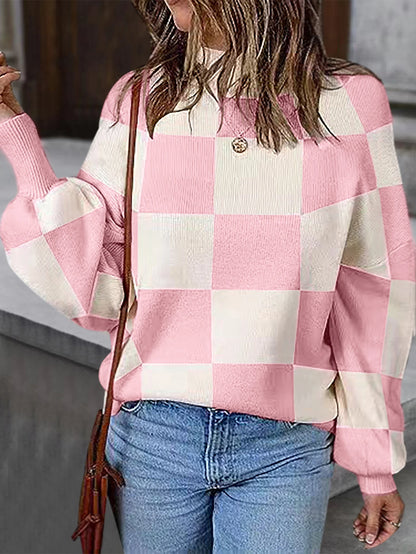 Sweaters- Checkered High Neck Sweater Pink and Cream Jumper