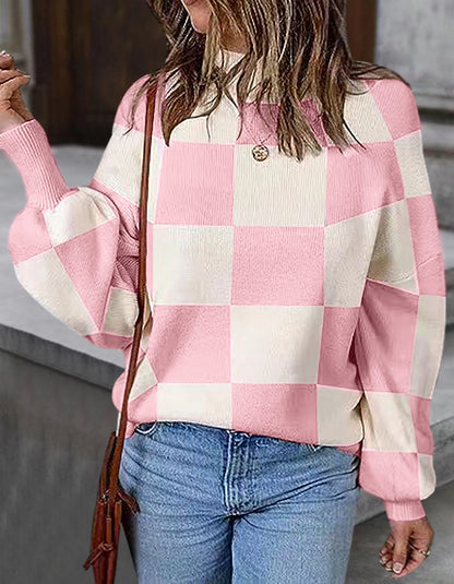 Sweaters- Checkered High Neck Sweater Pink and Cream Jumper