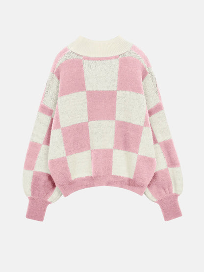 Sweaters- Checkered High Neck Sweater Pink and Cream Jumper