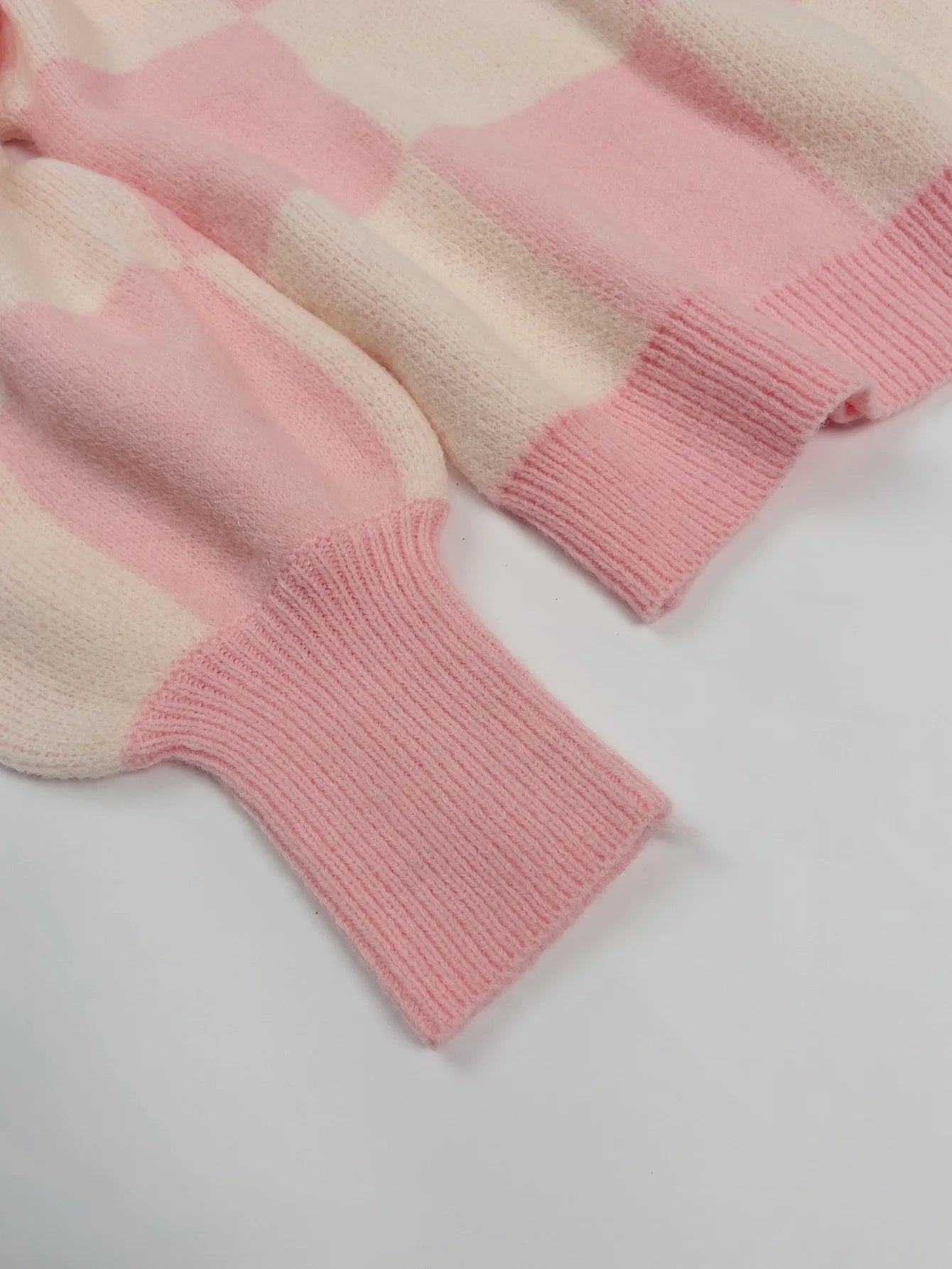 Sweaters- Checkered High Neck Sweater Pink and Cream Jumper