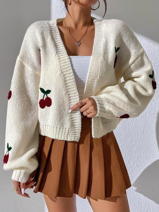 Sweaters- Cherry-Pick Embroidered Cardigan Sweater for Women- Creamy white- Pekosa Women Fashion