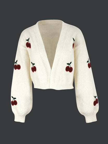 Sweaters- Cherry-Pick Embroidered Cardigan Sweater for Women- - Pekosa Women Fashion