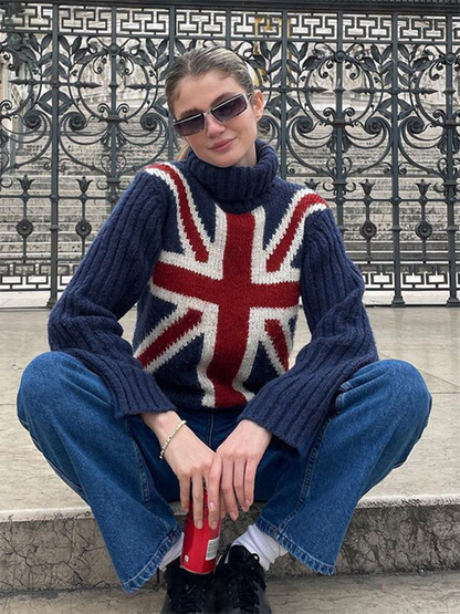 Sweaters- Classic Union Jack Sweater - Turtleneck Jumper- Blue- Pekosa Women Fashion