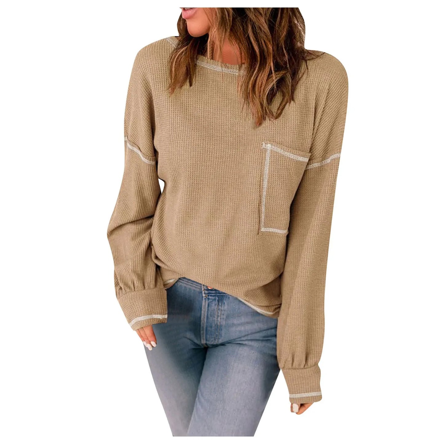 Sweaters-Contrast Stitch Ribbed Sweater - Casual Outings