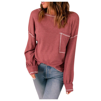 Sweaters-Contrast Stitch Ribbed Sweater - Casual Outings