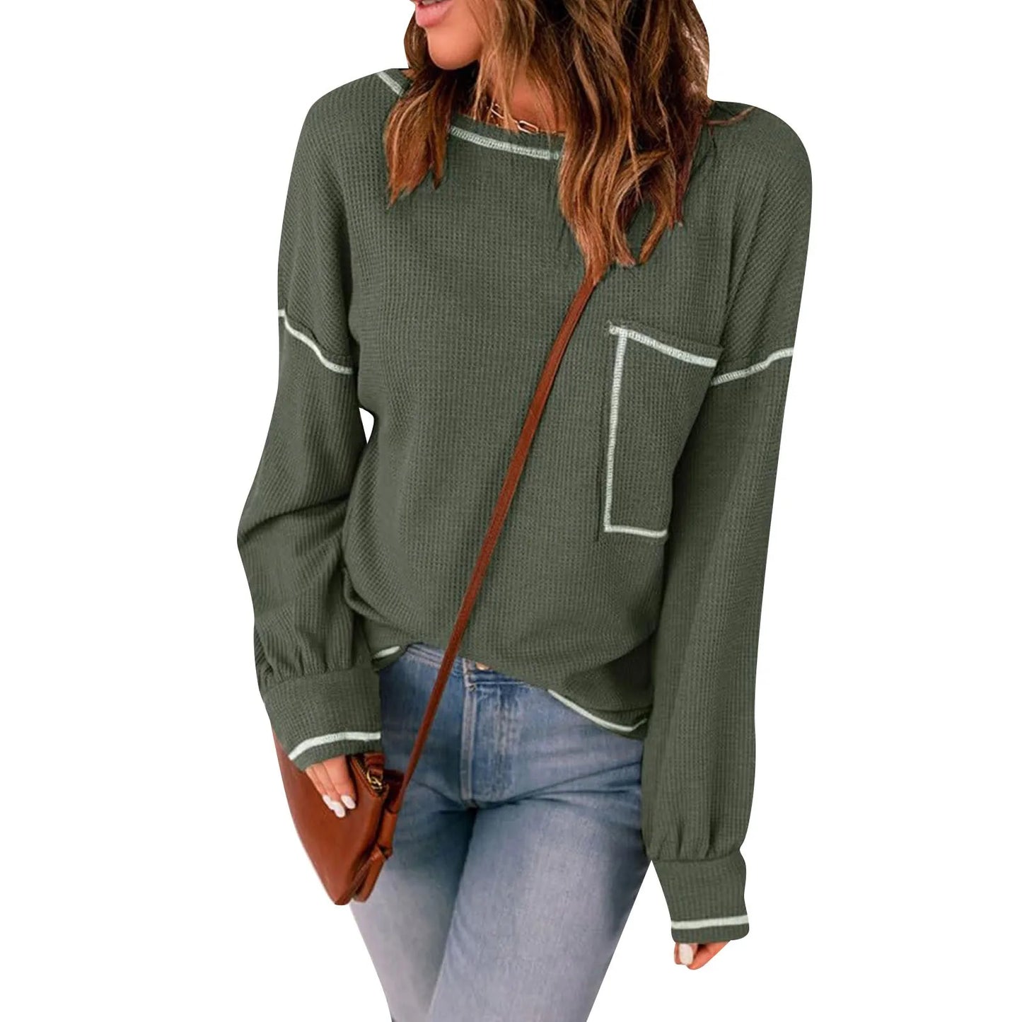 Sweaters-Contrast Stitch Ribbed Sweater - Casual Outings