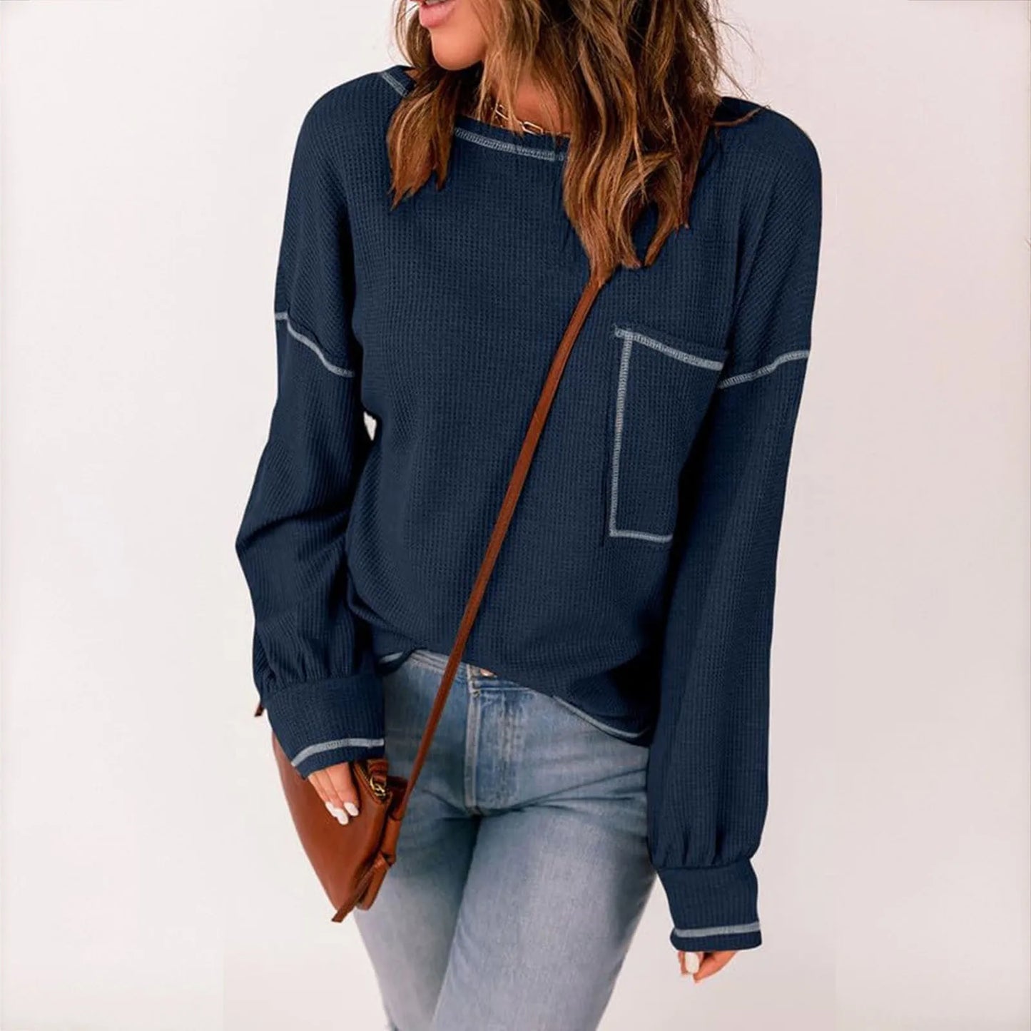 Sweaters-Contrast Stitch Ribbed Sweater - Casual Outings