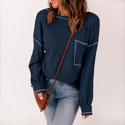 Sweaters-Contrast Stitch Ribbed Sweater - Casual Outings