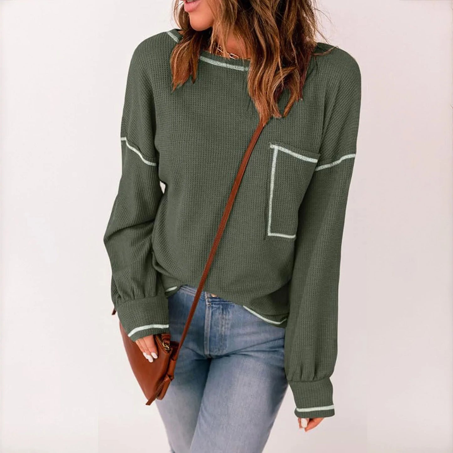 Sweaters-Contrast Stitch Ribbed Sweater - Casual Outings