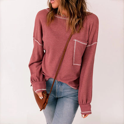 Sweaters-Contrast Stitch Ribbed Sweater - Casual Outings