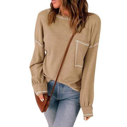 Sweaters-Contrast Stitch Ribbed Sweater - Casual Outings