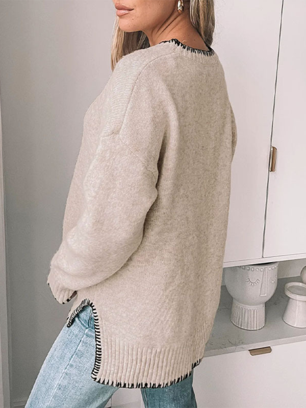 Sweaters- Cooler Days Sweater/Jumper with Black Trim- - Pekosa Women Fashion