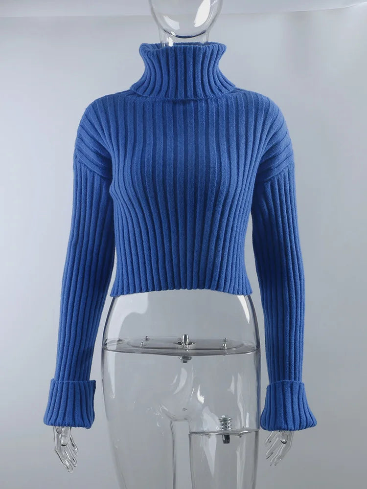 Sweaters - Cozy Blue Turtleneck Crop Sweater Loose Jumper