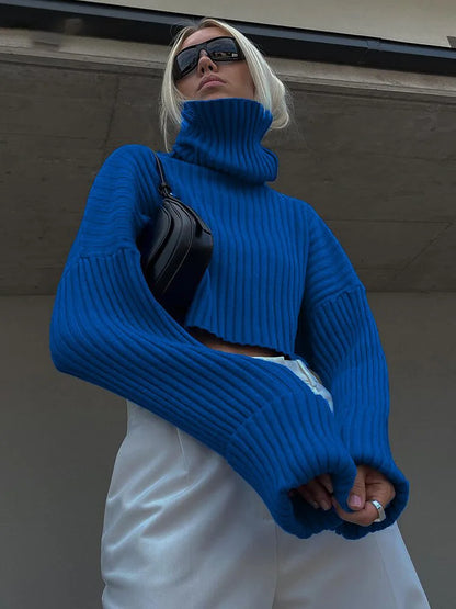 Sweaters - Cozy Blue Turtleneck Crop Sweater Loose Jumper