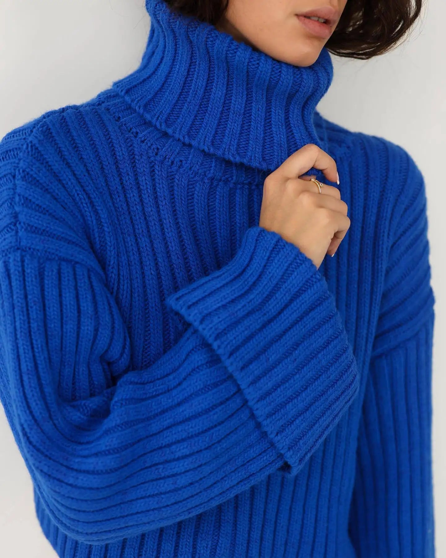 Sweaters - Cozy Blue Turtleneck Crop Sweater Loose Jumper