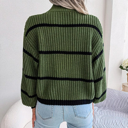 Sweaters- Cozy Chic: Winter's High Neck Stripe Sweater Jumper- - Pekosa Women Clothing