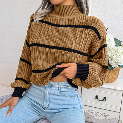 Sweaters- Cozy Chic: Winter's High Neck Stripe Sweater Jumper- - Pekosa Women Clothing