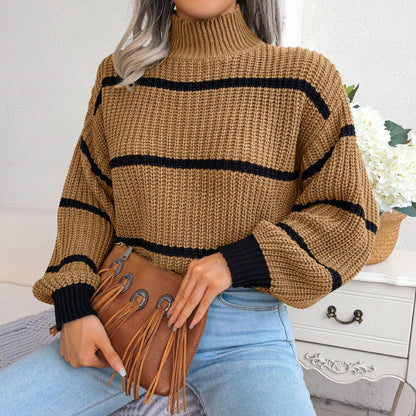 Sweaters- Cozy Chic: Winter's High Neck Stripe Sweater Jumper- - Pekosa Women Clothing