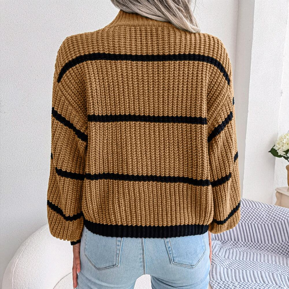 Sweaters- Cozy Chic: Winter's High Neck Stripe Sweater Jumper- - Pekosa Women Clothing