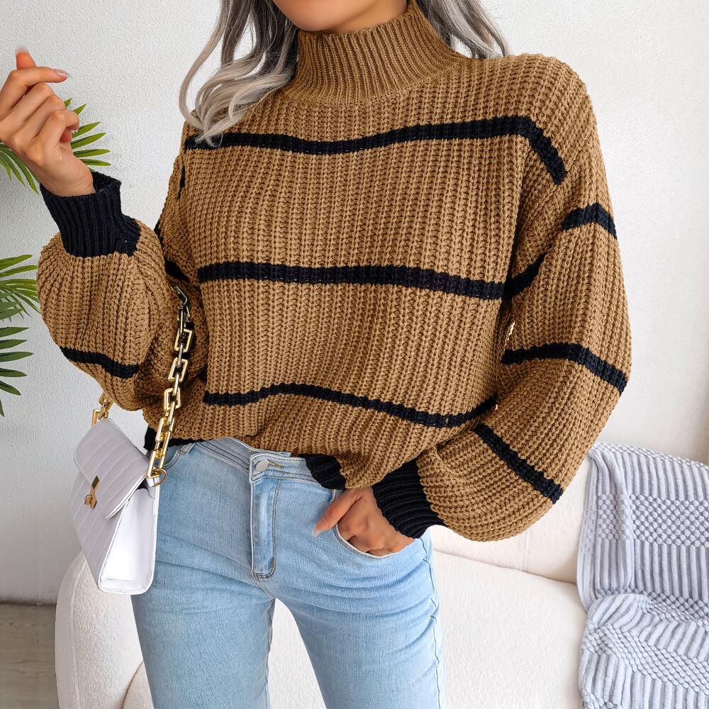 Sweaters- Cozy Chic: Winter's High Neck Stripe Sweater Jumper- - Pekosa Women Clothing