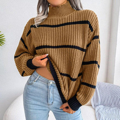 Sweaters- Cozy Chic: Winter's High Neck Stripe Sweater Jumper- - Pekosa Women Clothing