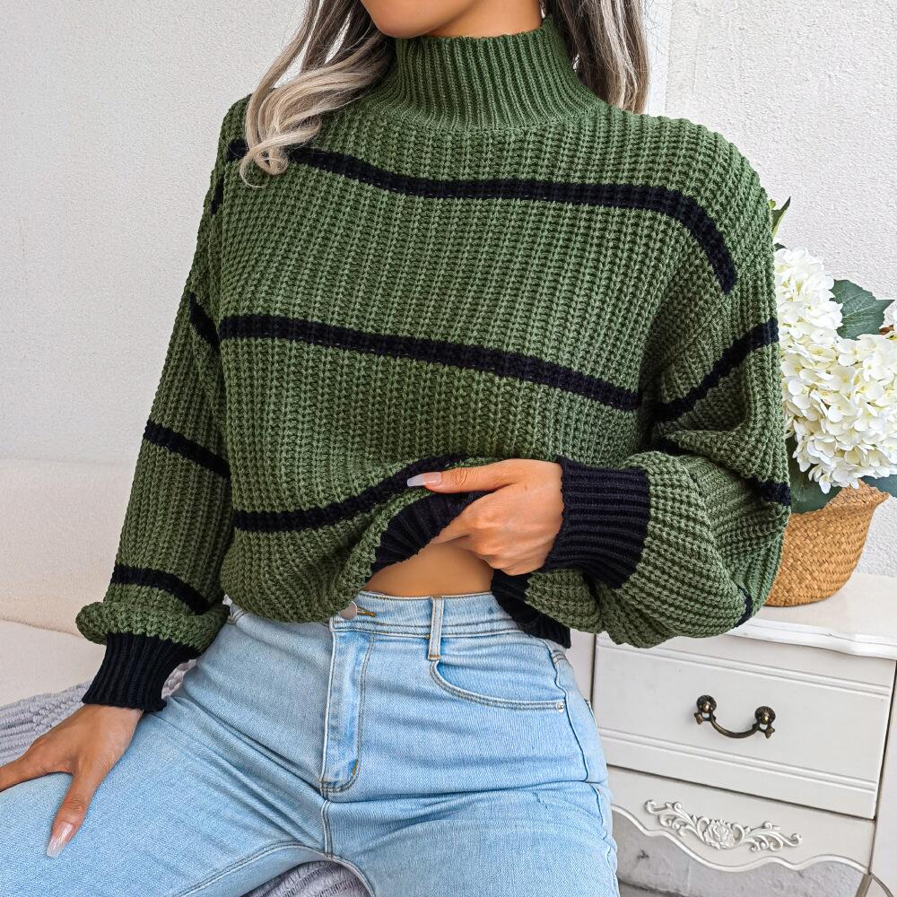 Sweaters- Cozy Chic: Winter's High Neck Stripe Sweater Jumper- - Pekosa Women Clothing