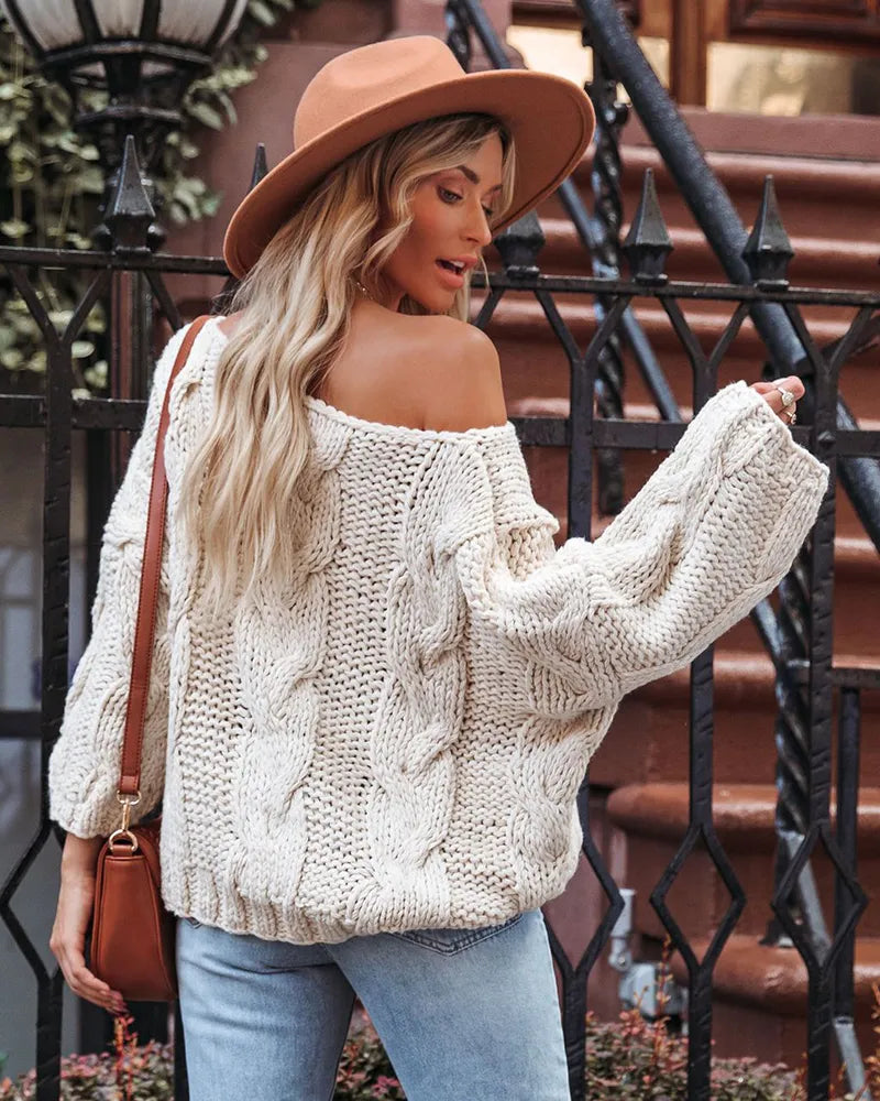 Sweaters- Cozy Chunky Cable Knit Oversized Sweater Jumper- - Pekosa Women Clothing