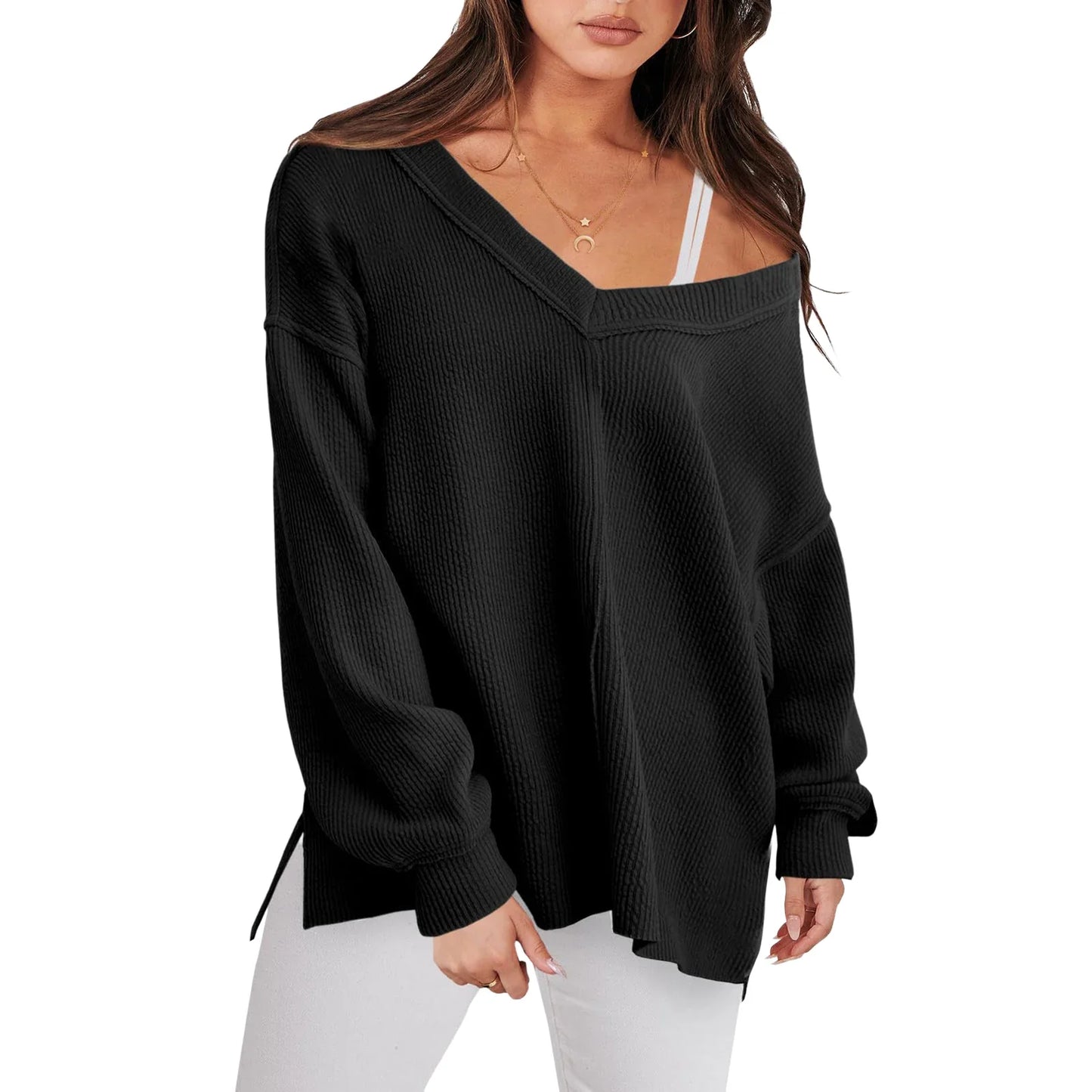 Sweaters- V-Neck Sweater in Oversized Fit for Comfortable Layering- Black- Pekosa Women Fashion