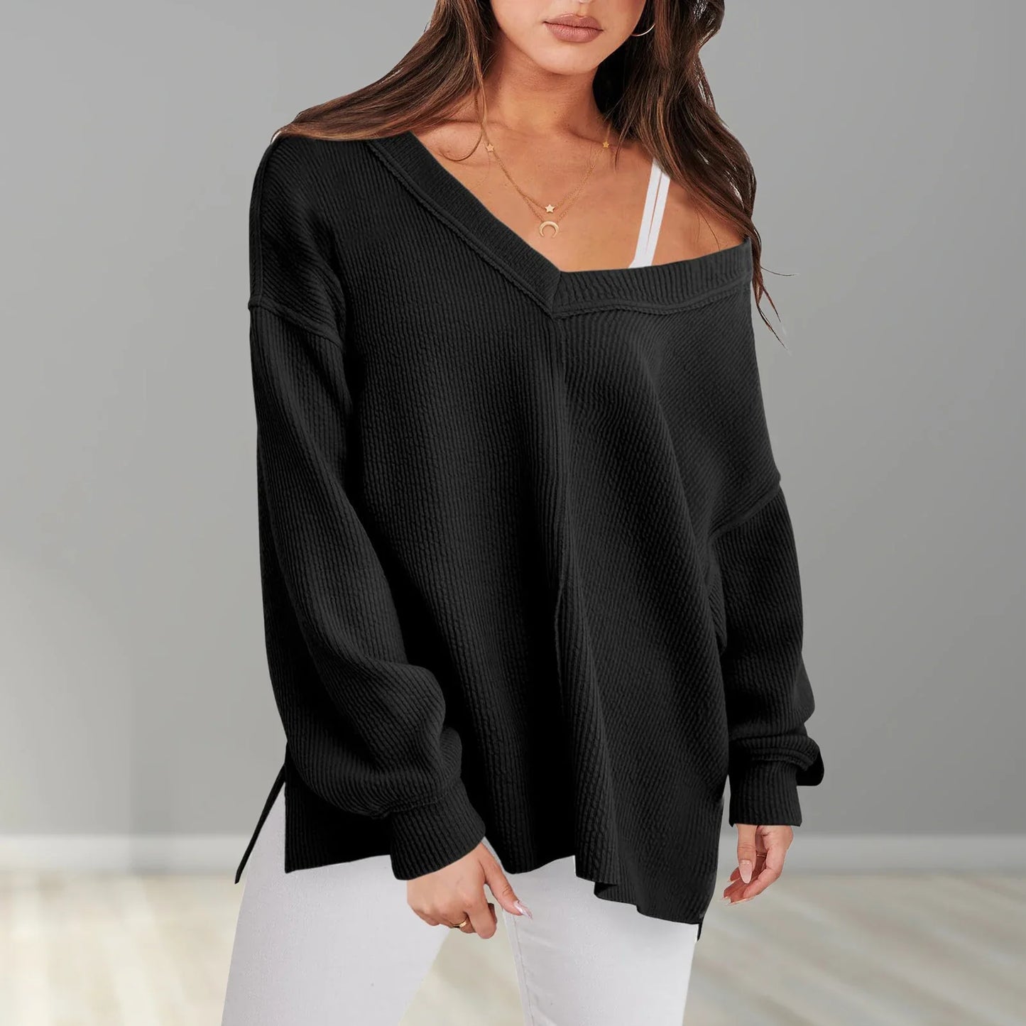 Sweaters- V-Neck Sweater in Oversized Fit for Comfortable Layering- - Pekosa Women Fashion