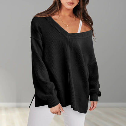 Sweaters- V-Neck Sweater in Oversized Fit for Comfortable Layering- - Pekosa Women Fashion