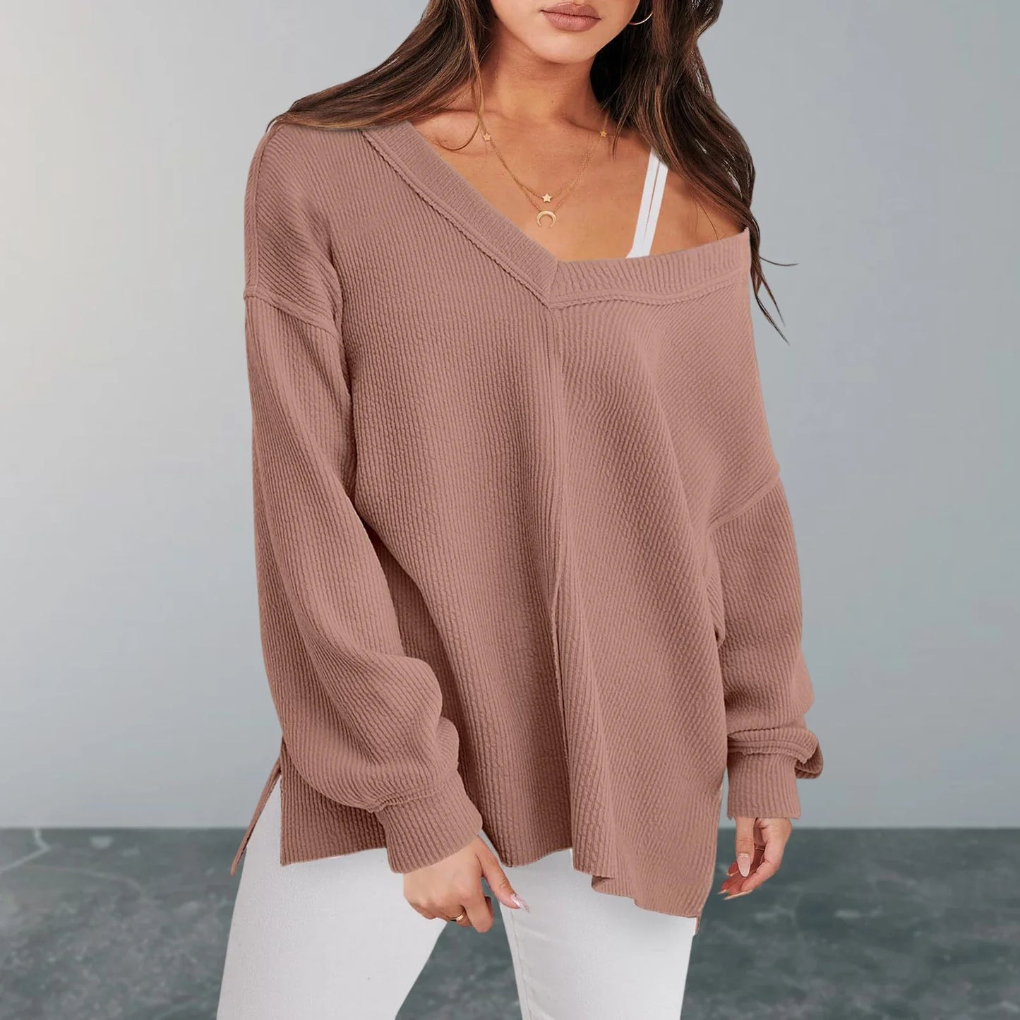 Sweaters- V-Neck Sweater in Oversized Fit for Comfortable Layering- - Pekosa Women Fashion