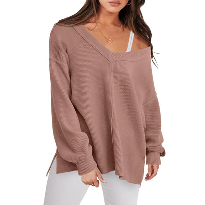 Sweaters- V-Neck Sweater in Oversized Fit for Comfortable Layering- Pink- Pekosa Women Fashion