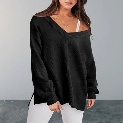 Sweaters- V-Neck Sweater in Oversized Fit for Comfortable Layering- - Pekosa Women Fashion