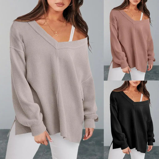 Sweaters- V-Neck Sweater in Oversized Fit for Comfortable Layering- - Pekosa Women Fashion