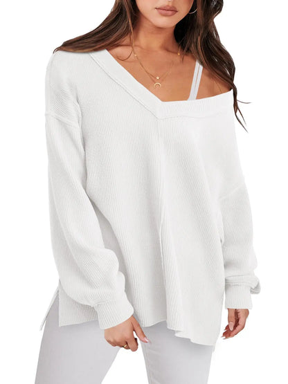 Sweaters- V-Neck Sweater in Oversized Fit for Comfortable Layering- white- Pekosa Women Fashion