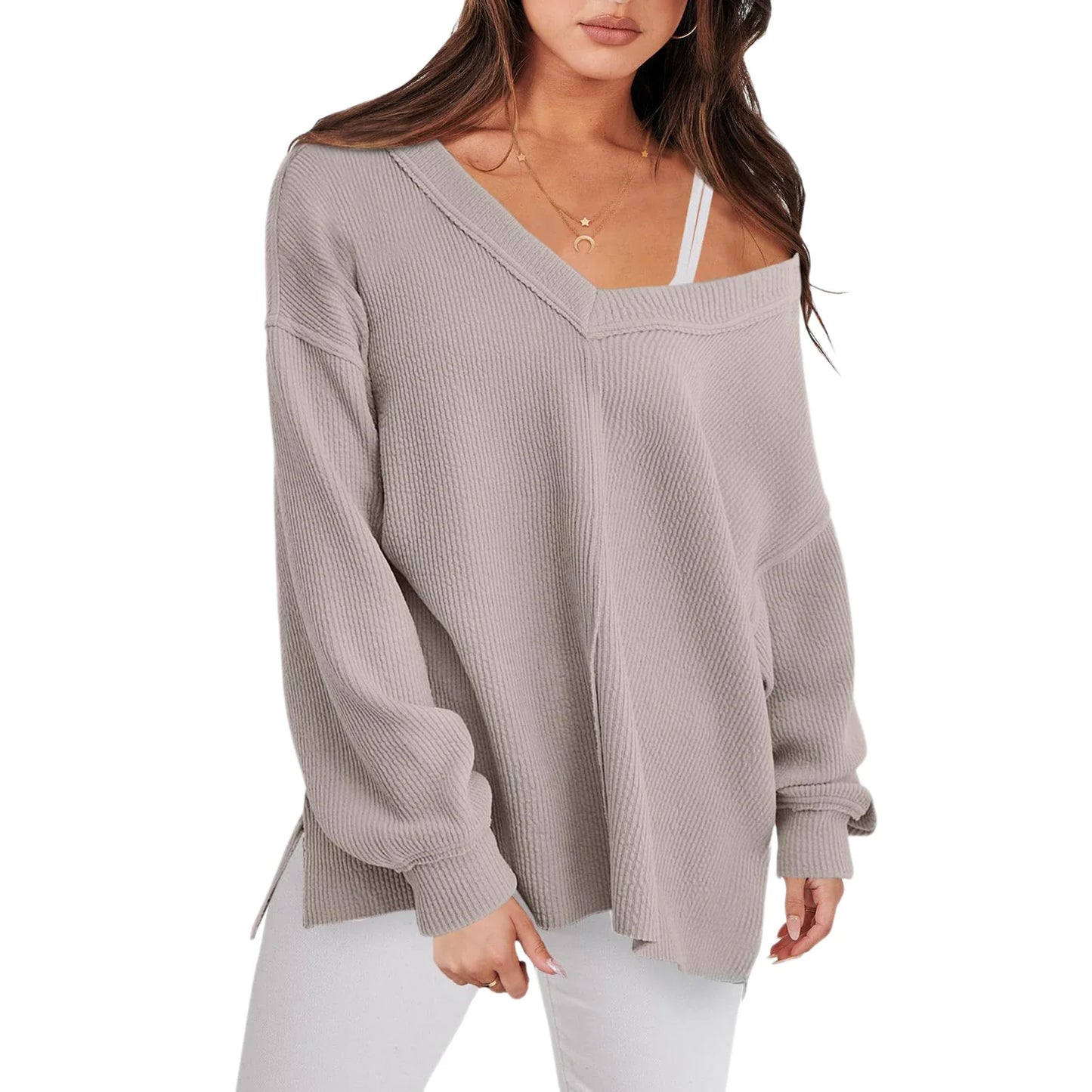 Sweaters- V-Neck Sweater in Oversized Fit for Comfortable Layering- Grey- Pekosa Women Fashion