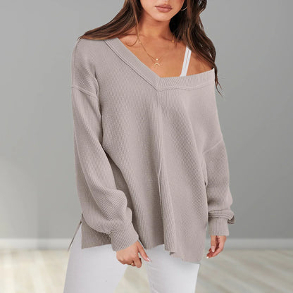 Sweaters- V-Neck Sweater in Oversized Fit for Comfortable Layering- - Pekosa Women Fashion