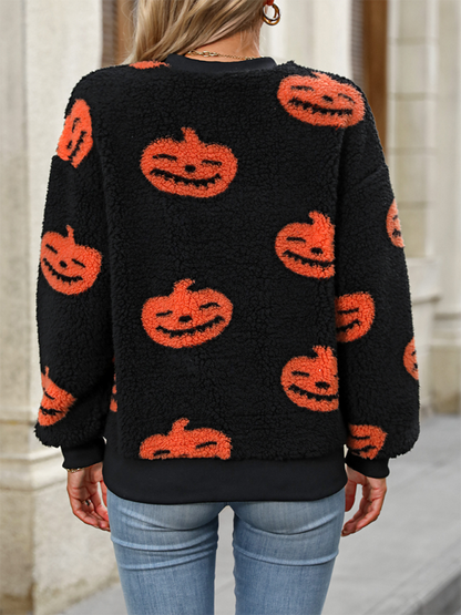 Pull douillet en peluche avec motif citrouille d'Halloween