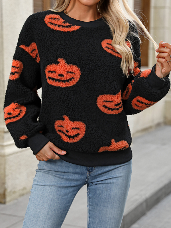 Pull douillet en peluche avec motif citrouille d'Halloween