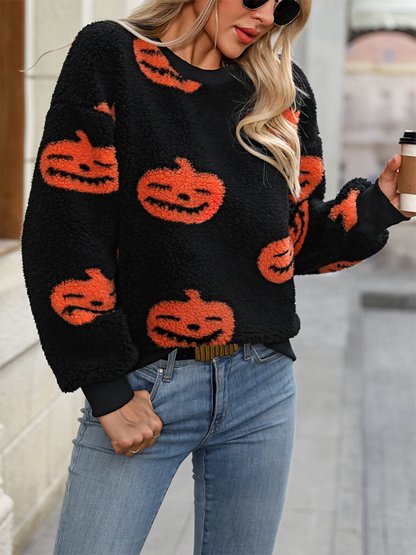 Pull douillet en peluche avec motif citrouille d'Halloween