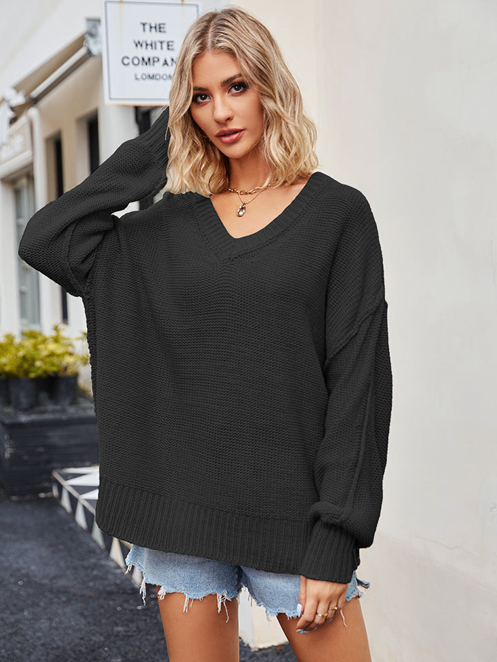 Sweaters- Cozy Slouchy Knit Sweater with Drop Shoulder- - Pekosa Women Clothing