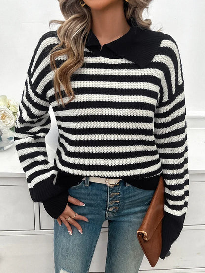 Sweaters- Cozy Stripe Knit Women's Peter Pan Collar Sweater- - Chuzko Women Clothing