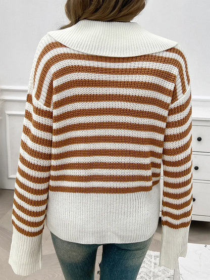 Sweaters- Cozy Stripe Knit Women's Peter Pan Collar Sweater- - Chuzko Women Clothing