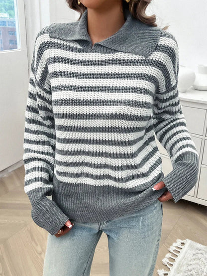 Sweaters- Cozy Stripe Knit Women's Peter Pan Collar Sweater- - Chuzko Women Clothing